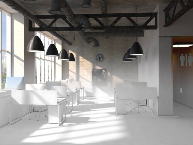 Tamamlanmamış proje ülke tarzı ofis iç coworking. 3D render