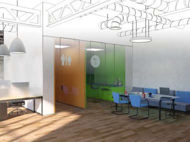 Tamamlanmamış proje ülke tarzı ofis iç coworking. 3D render.