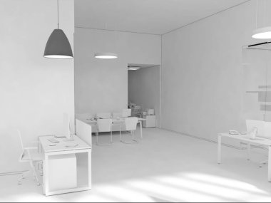 Beyaz oda ofis masası ve dizüstü bilgisayar ile olarak 3d render