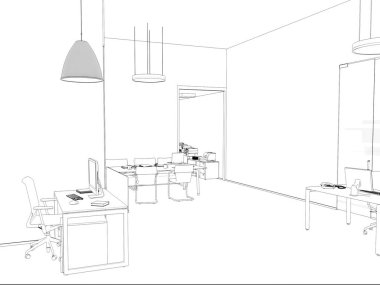 Beyaz oda ofis masası ve dizüstü bilgisayar ile olarak 3d render