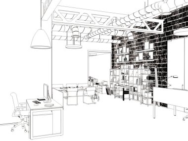 Beyaz oda ofis masası ve dizüstü bilgisayar ile olarak 3d render