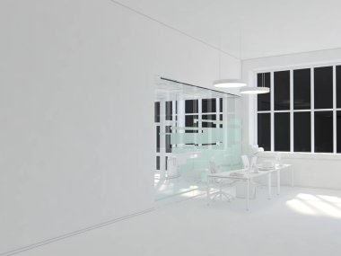 Boş ofis, beyaz duvar önünde panoramik pencere, toplantılar için tablo. Yeni ofis kavramı. 3D render