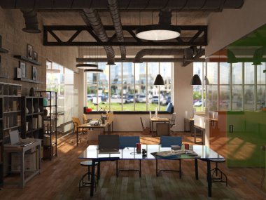 Yan görünüm çağdaş konferans Oda-Şehir Manzaralı ve gün ışığı. 3D render