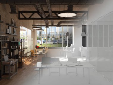 Tamamlanmamış proje ülke tarzı ofis iç coworking. 3D render