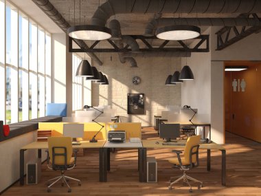 Yan görünüm çağdaş konferans Oda-Şehir Manzaralı ve gün ışığı. 3D render