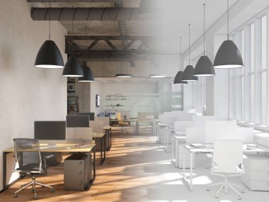 Ofis alanı tarafından hayali bir çizgi iki bölüme ayrılmıştır. Birinde bir güzel parlak iç, tamamen beyaz diğer el. 3D render alay