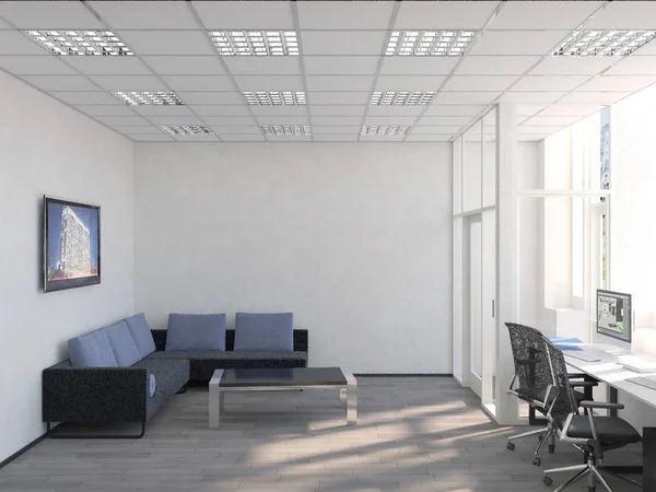 Боковой вид на современный конференц-зал с видом на город и дневным светом. 3D рендеринг — стоковое фото