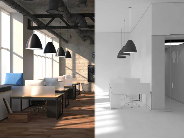 Lo spazio ufficio è diviso in due parti da una linea immaginaria. Da un lato un bellissimo interno luminoso, dall'altro completamente bianco. 3d rendering mock up — Foto Stock