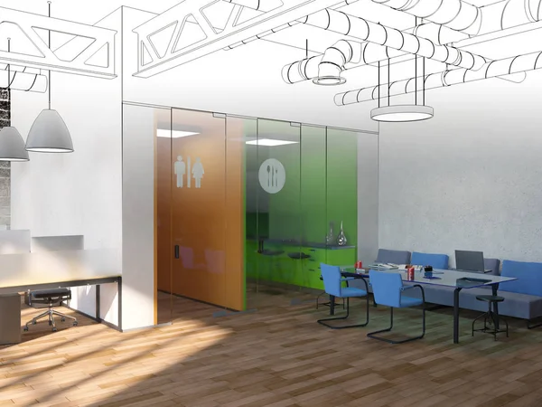 Proyecto Inacabado Interior Oficina Coworking Estilo País Renderizado — Foto de Stock