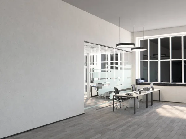 Leeres Büro, weiße Wand vor dem Panoramafenster, Tisch für Besprechungen. Konzept des neuen Büros. 3D-Darstellung — Stockfoto