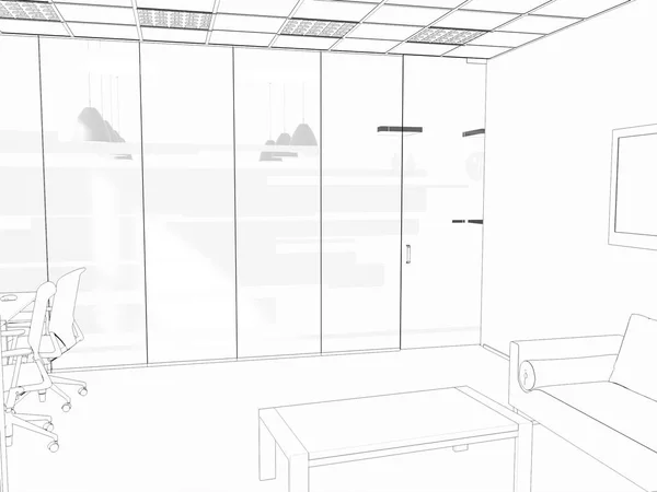 Weißes Zimmer als Büro mit Schreibtisch und Laptop 3D-Rendering — Stockfoto