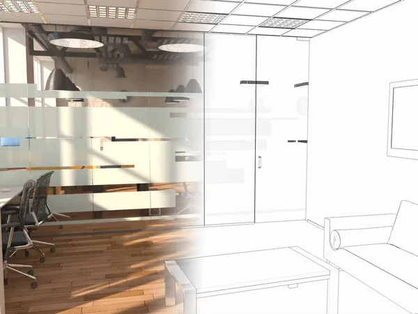 Oavslutade projekt av lantlig stil coworking office inredning. 3D-rendering — Stockfoto