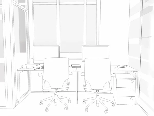 Witte kamer als kantoor met Bureau en laptop computer 3D-Rendering — Stockfoto