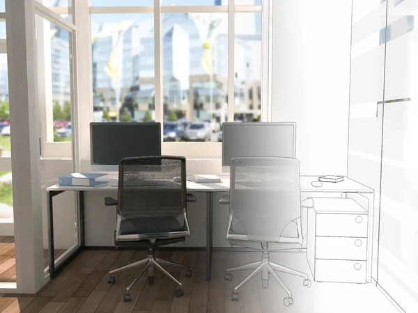 Der Büroraum ist durch eine imaginäre Linie in zwei Teile geteilt. Auf der einen Seite ein schönes helles Interieur, auf der anderen komplett weiß. 3D-Rendering-Attrappe — Stockfoto