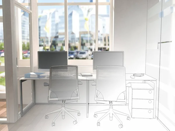 Unvollendetes Projekt eines Coworking Office Interieurs im Landhausstil. 3D-Darstellung — Stockfoto