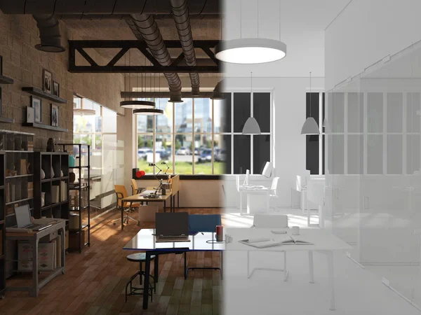 The office space is divided into two parts by an imaginary line. On the one hand a beautiful bright interior, on the other completely white. 3d rendering mock up