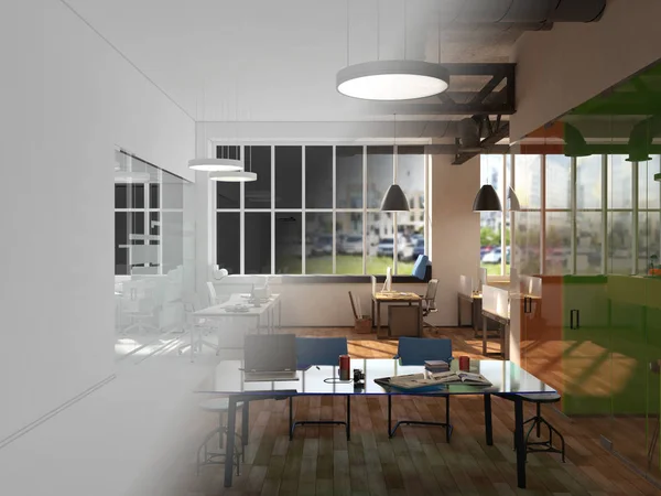 Onvoltooide project van landelijke stijl coworking kantoor interieur. 3D-rendering — Stockfoto