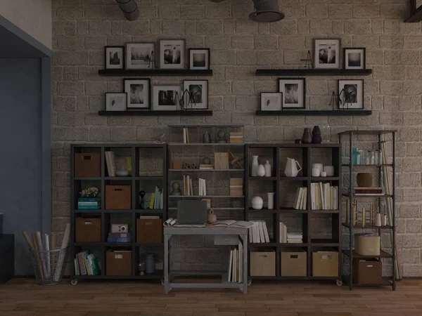 Mesa de trabajo o banco de trabajo de diseño en el interior de una oficina con una gran estantería en la pared llena de carpetas, revistas y libros. Renderizado 3d . — Foto de Stock