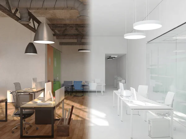 Der Büroraum ist durch eine imaginäre Linie in zwei Teile geteilt. Auf der einen Seite ein schönes helles Interieur, auf der anderen komplett weiß. 3D-Rendering-Attrappe — Stockfoto
