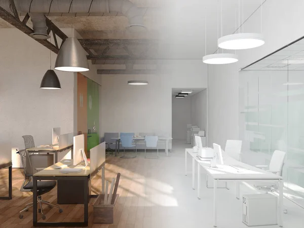 Progetto incompiuto di stile country coworking office interior. Rendering 3D — Foto Stock