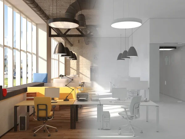 Progetto incompiuto di stile country coworking office interior. Rendering 3D — Foto Stock