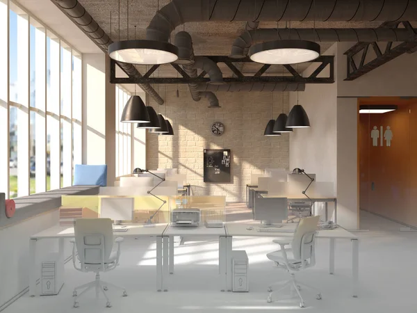 Progetto incompiuto di stile country coworking office interior. Rendering 3D — Foto Stock