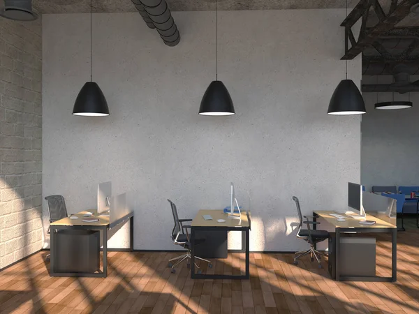 Vista laterale di un ufficio bianco di una società con due grandi tavoli, due computer in piedi su di essi. rendering 3d . — Foto Stock