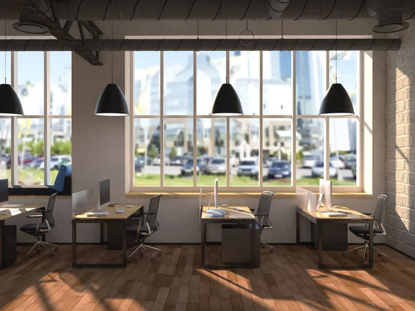 Вид сбоку на белый офис компании с двумя большими столами, двумя стоящими на них компьютерами, панорамным окном и набором ящиков возле стены. 3d-рендеринг . — стоковое фото