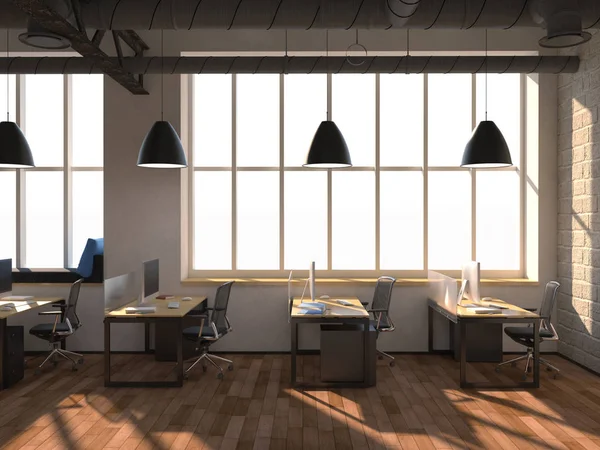 Seitenansicht eines weißen Büros einer Firma mit zwei großen Tischen, zwei darauf stehenden Computern, einem Panoramafenster und einer Reihe von Schubladen in der Nähe einer Wand. 3D-Darstellung. — Stockfoto