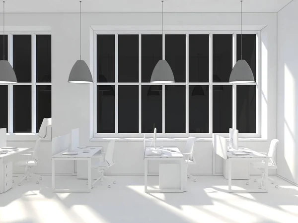 Side view of a white office of a company with a two large table, two computers standing on them, a panoramic window and a set of drawers near a wall. 3d rendering. — Stock Photo, Image