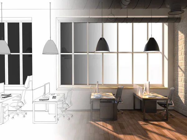 Seitenansicht eines weißen Büros einer Firma mit zwei großen Tischen, zwei darauf stehenden Computern, einem Panoramafenster und einer Reihe von Schubladen in der Nähe einer Wand. 3D-Darstellung. — Stockfoto