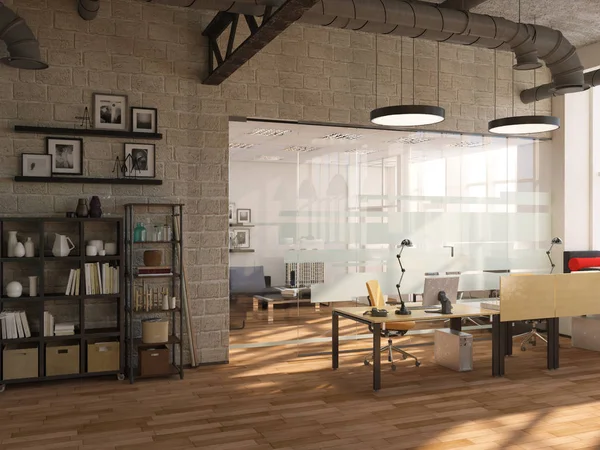 Yan görünüm çağdaş konferans Oda-Şehir Manzaralı ve gün ışığı. 3D render