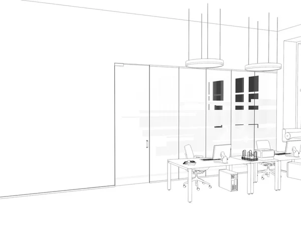 Bílá místnost jako kancelář s stolní a přenosné počítače 3d vykreslování — Stock fotografie