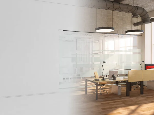 Biały pokój jako biuro z biurka i laptop 3d renderowania — Zdjęcie stockowe
