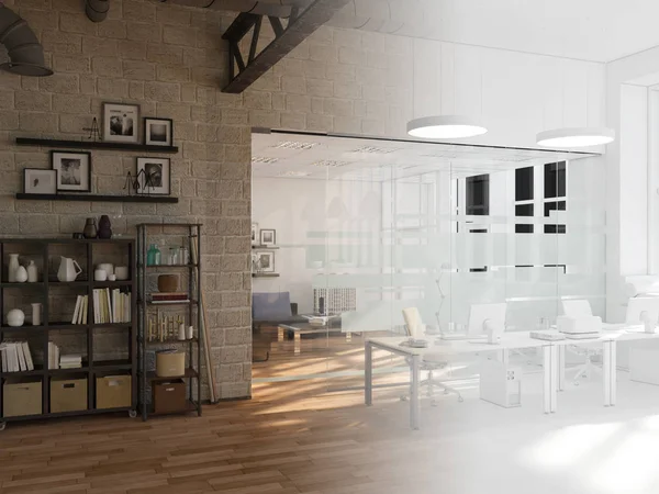 Proyecto inacabado de interior de oficina de coworking estilo país. Renderizado 3D — Foto de Stock