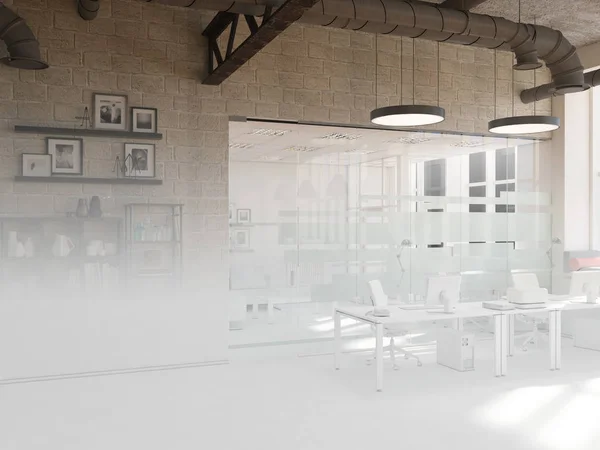 Proyecto inacabado de interior de oficina de coworking estilo país. Renderizado 3D — Foto de Stock