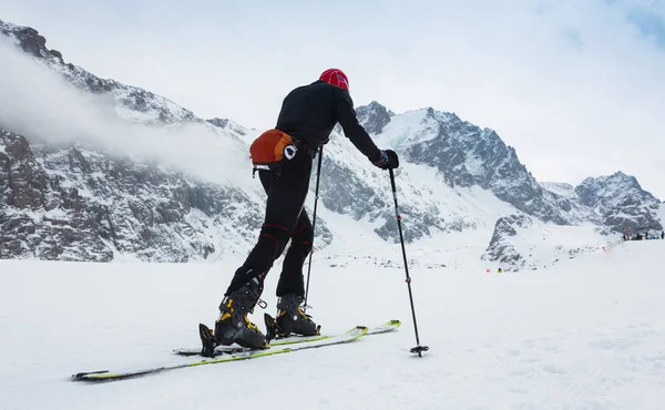 Dağcı backcountry kayak Ski sırt çantası içinde ile karlı bir sırt boyunca yürüyüş. Arka plan mavi gökyüzü ve parlak güneş ve Zebru, Ortler Güney Tirol, İtalya. Macera kış aşırı spor. — Stok fotoğraf