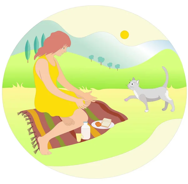 Vektör simge illüstrasyon bir kedi ile piknik