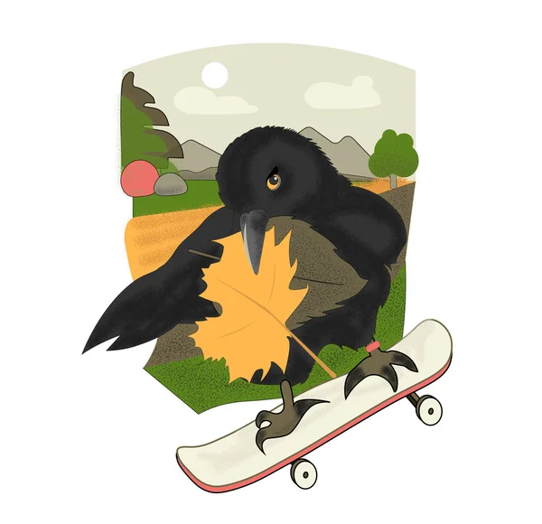 Herbstkrähe Auf Dem Skateboard — Stockfoto