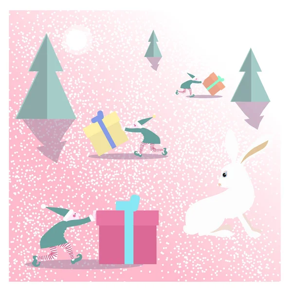 Ilustración Vectorial Elfos Navidad Con Regalos Liebre Blanca — Vector de stock