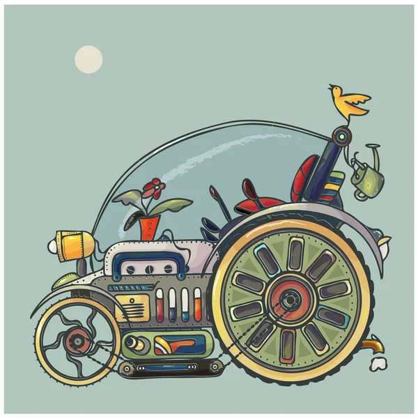  Vektör illüstrasyon Steampunk aracı, çizgi film