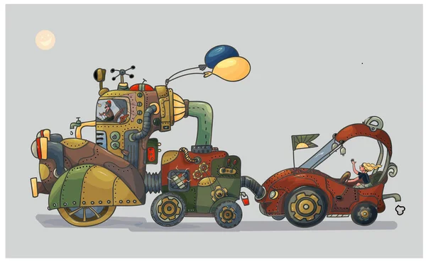  Vektör illüstrasyon Steampunk aracı, çizgi film