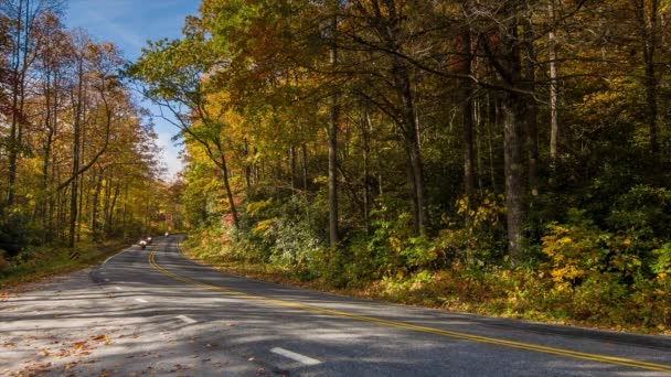 Three Motorcycles Riding Scenic Highway Blue Ridge Mountains Beautiful Fall — Stock Video