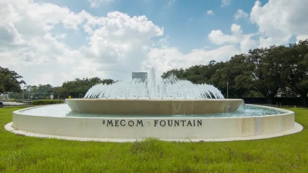 休斯敦 阳光明媚的一天 赫曼公园的 Mecom 喷泉与周边交通和绿草 — 图库视频影像
