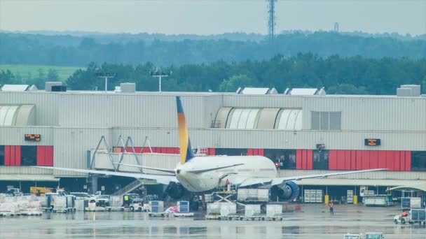 空港ターミナルビルに駐車したブランドのない旅客機が サポートサービスによってロードおよびアンロードされる — ストック動画