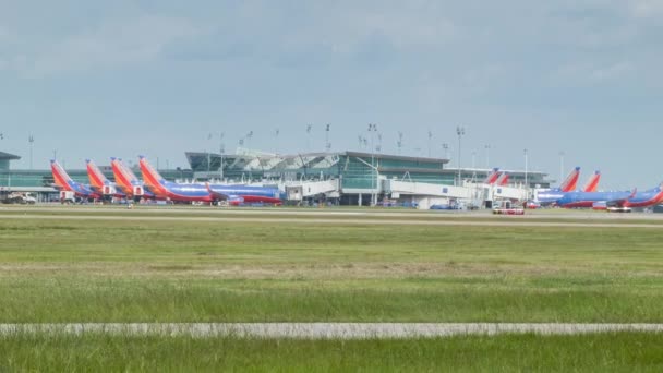 Νοτιοδυτικές Αερογραμμές Εμπορική Boeing 737 Επιβατηγά Αεροπλάνα Παρκαρισμένο Στους Τερματικούς — Αρχείο Βίντεο