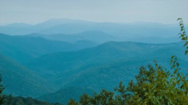 Kamera Yavaş Kaydırma ve Arka Planda Görkemli Katmanlı Appalachian Dağ Sırası ile Bir Çam Ağacı Üzerinde Biten ile Blue Ridge Dağları üzerinde Manzara Görünümü
