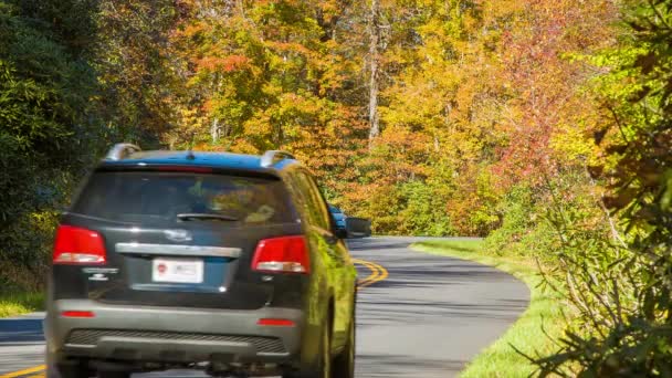 Coches Que Conducen Scenic Blue Ridge Parkway Con Hojas Color — Vídeo de stock