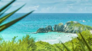 Atlantik Adaları'nda Güzel Bir Güneşli Günde Tropikal Renkli Sularda Yüzen İnsanlar la Lush Greenery Arasında Yerli Flora ile Bermuda's Horseshoe Bay Görüntüleme