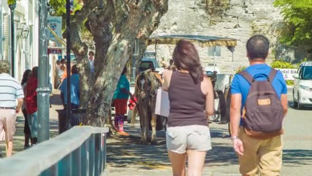 游客在阳光明媚的日子在百慕大圣乔治的古色古香小镇散步观光和购物 — 图库视频影像